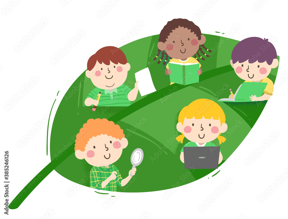 Kids Study Leaf Nature Laptop Book Illustration Kids Study Leaf Nature Laptop Book Illustration