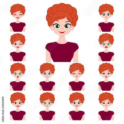 Set of different facial expressions of attractive young woman isolated on white background