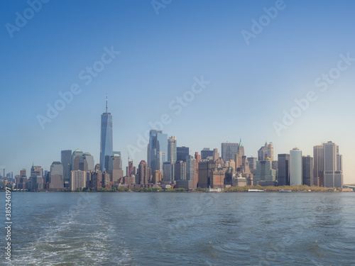 Shot of the skyline of New York City from the Hudson river, with skyscrapers of the downtown district and Wall Street © gpiazzese