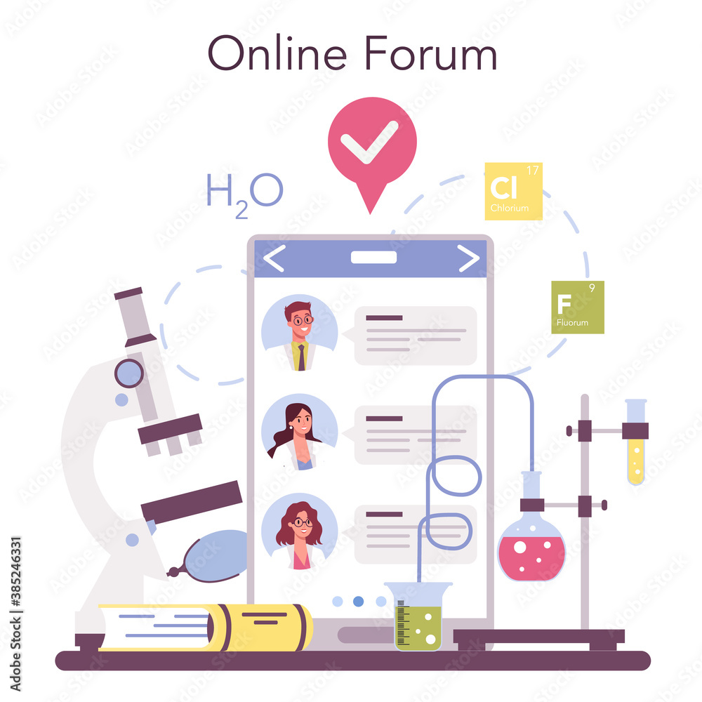 Chemistry science online service or platform set. Scientific experiment