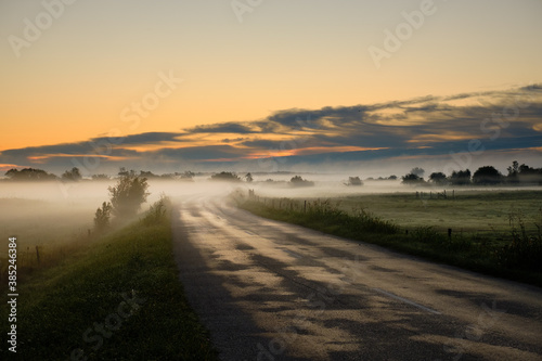 Foggy country road at morning autumn season