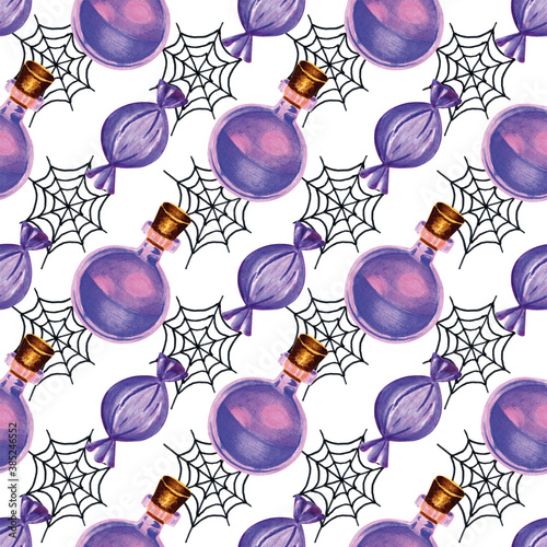 Seamless pattern with glass bottle with violet poison potion and black cobweb. Watercolor markers hand drawn illustrations on white background. Concept of Halloween party, horror.