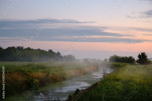 Foggy autumn river, autumn morning landscape