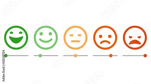 Rank, level of satisfaction rating. Face icons, Feedback in form of emotions. User experience. Review of consumer. Scale with colored segments. Vector Isolated illustration