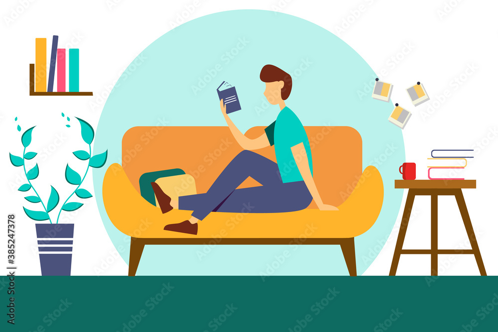 Man sitting on the sofa and reading a fascinating story. Illustration of the concept of education, self-education. illustration in flat style.