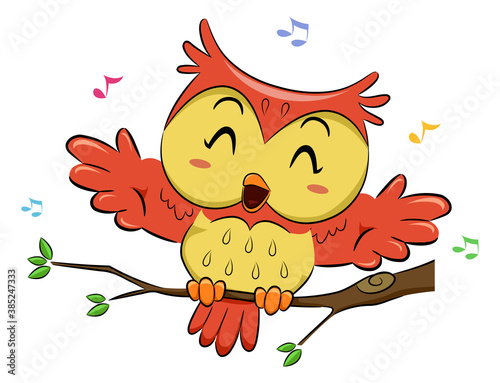 Owl Singing Branch Music Notes Illustration