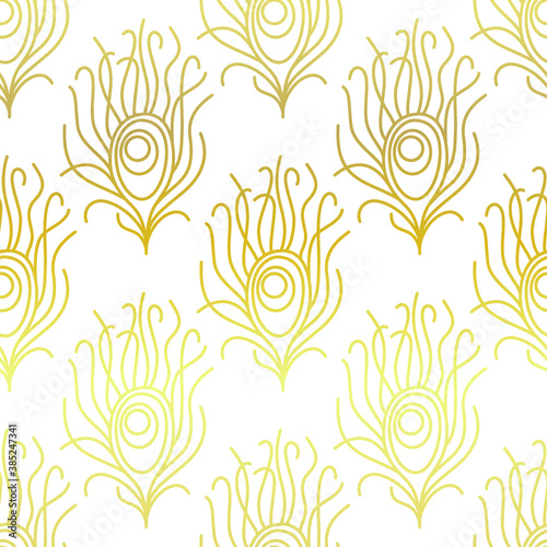 Thin line peacock tail pattern. Art deco repeat golden feathers pattern. Seamless gold vintage vector background. Luxury decorative ornamental wallpaper.