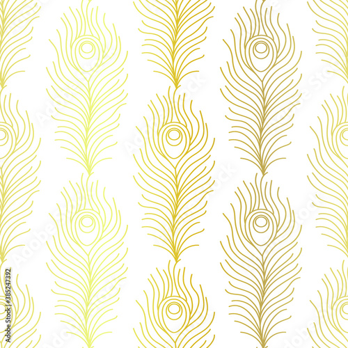 Thin line peacock tail pattern. Art deco repeat golden feathers pattern. Seamless gold vintage vector background. Luxury decorative ornamental wallpaper.