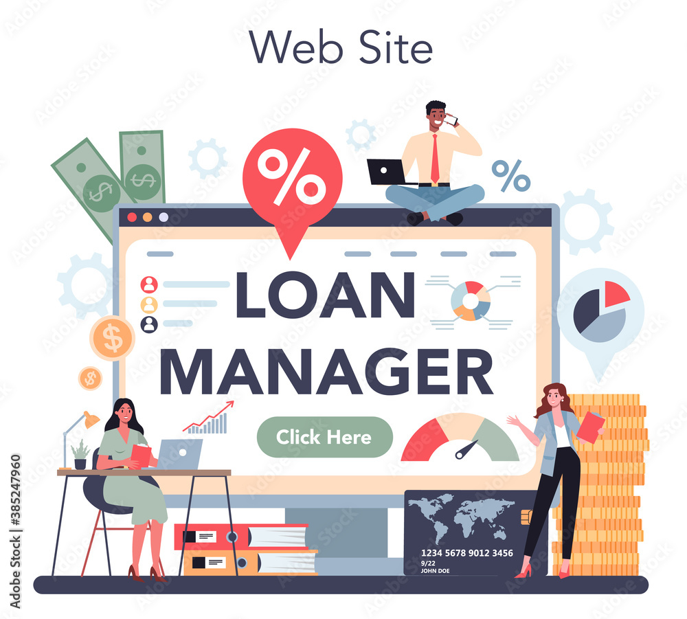 Loan manager online service or platform. Bank employee