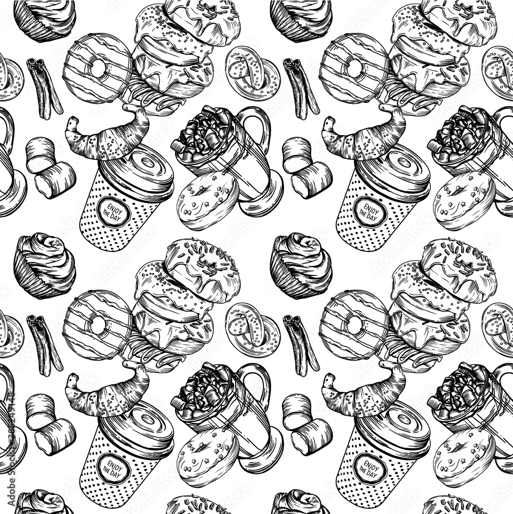 Vector seamless prints. Coffee and baking prints. Patterns for coffee shops and pastry shops. Coffee, pastries, muffins, croissants, doughnuts. Black and white illustration of food and drinks line.