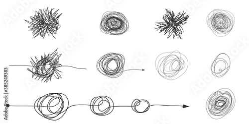  Insane messy line.Set of messy clew symbols connected between them line of symbols with scribbled round element,  Freehand drawing. Black and white  abstract scribbles, chaos doodles. Vector illustra