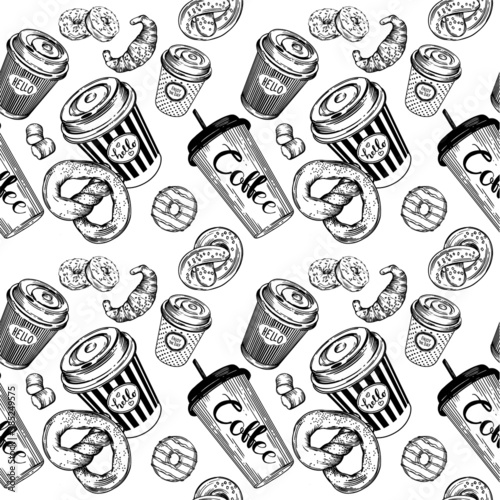 Vector seamless prints. Coffee and baking prints. Patterns for coffee shops and pastry shops. Coffee, pastries, muffins, croissants, doughnuts. Black and white illustration of food and drinks line.