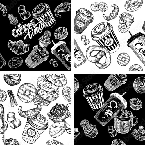Vector seamless prints. Coffee and baking prints. Patterns for coffee shops and pastry shops. Coffee, pastries, muffins, croissants, doughnuts. Black and white illustration of food and drinks line.