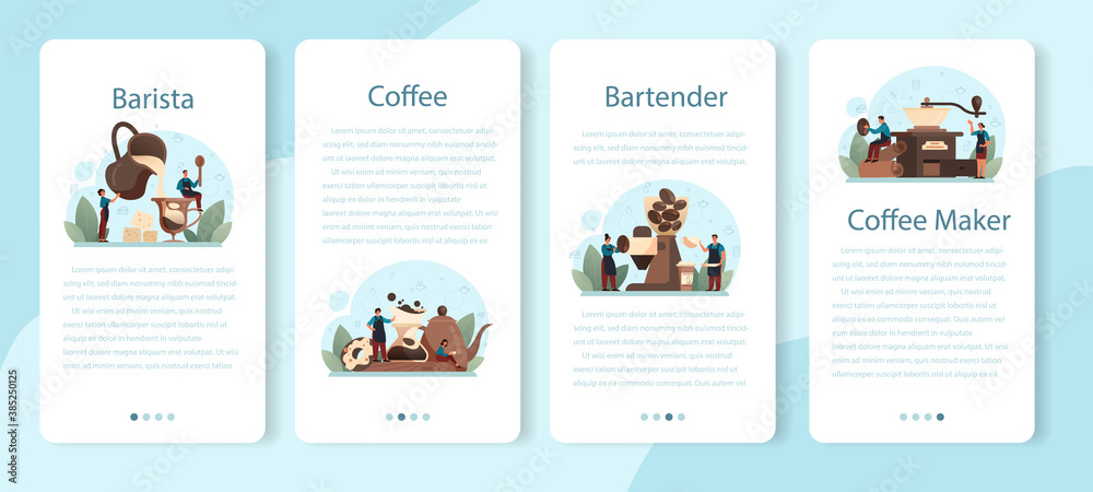 Barista mobile application banner set. Bartender making a cup of hot coffe