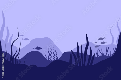Seabed in abstract style on deep blue background. Sea landscape. Flat cartoon vector illustration. Underwater world. Nature landscape template. Beautiful poster for concept design. wallpaper.