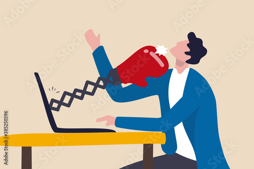 Cyber bullying, online harassment using social media to threatened people, violent using electronic means concept, sad man using social media and being punched by boxing gloves from computer laptop.