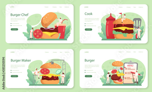 Fast food, burger house web banner or landing page set. Chef cook