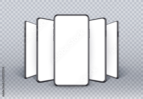 Realistic smartphone mockup, 3d mobile phone set with empty screen for your application ui design presentation. Thin frame device concept standing on the desk, isolated on transparent background.