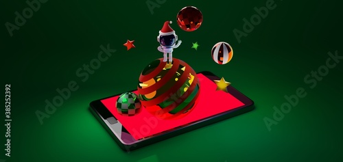 3D rendering concept illustration of astronaut character wearing a Santa claus hat standing on golden ball coming out of smartphone screen