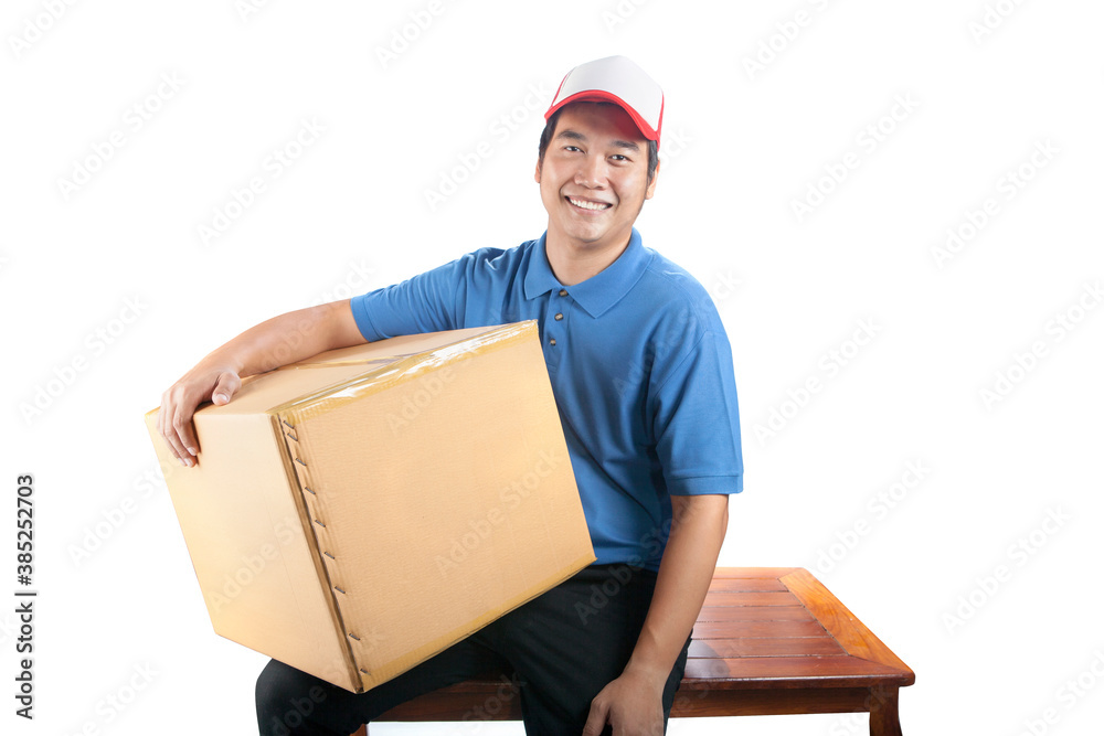 delivery man holding container box smiling face isolate white background delivery man holding container box smiling face isolate white background