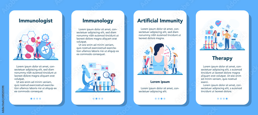 Professional immunologist mobile application banner set. Idea of healthcare