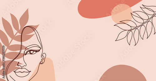 Banner with a continuous black line of a woman's face with autumn leaves.