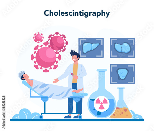 Hepatologist concept. Doctor make liver examination, cholescintigraphy
