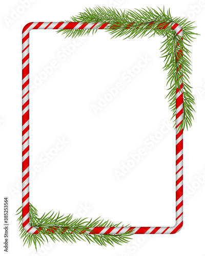 Blank Christmas border, candy cane frame with branch of christmas tree, fir. 
Isolated on white background. Holiday design, decor. Vector illustration.