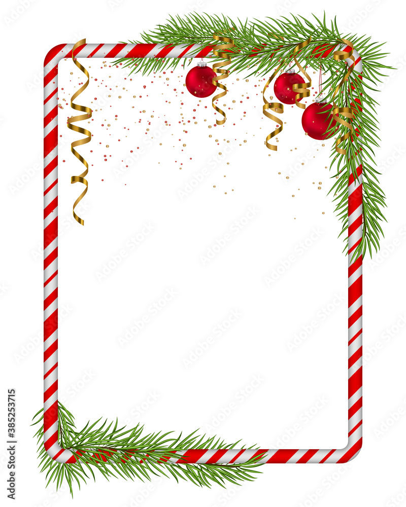 Blank Christmas border, candy cane frame with branch of christmas tree, fir, red balls, gold serpentine, ribbon. Isolated on white background. Holiday design, decor. Vector illustration. Blank Christmas border, candy cane frame with branch of christmas tree, fir, red balls, gold serpentine, ribbon. Isolated on white background. Holiday design, decor. Vector illustration.