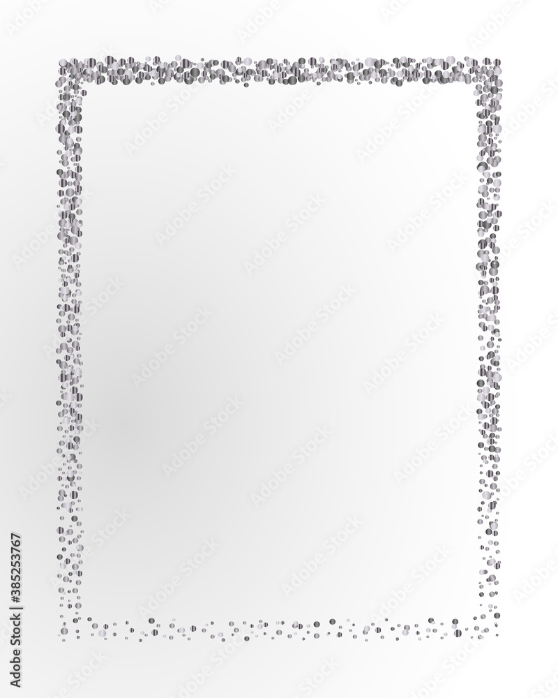 Poster with silver confetti, sparkles, glitter frame and space for text on white background. Vector illustration. Elements for banner, design, logo, card, web, invitation, business, party.