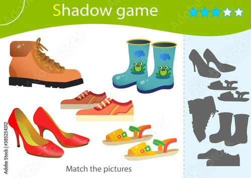 Shadow Game for kids. Match the right shadow. Color images of cartoon shoes. Sports sneakers, children's boots, women's pair of shoes, sandals. Clothing. Worksheet vector design