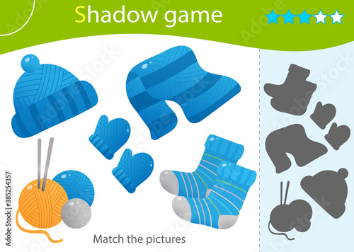 Shadow Game for kids. Match the right shadow. Color images of knitted clothing. Skeins or balls of yarn with knitting needles, socks, scarf, hat, mittens. Worksheet vector design