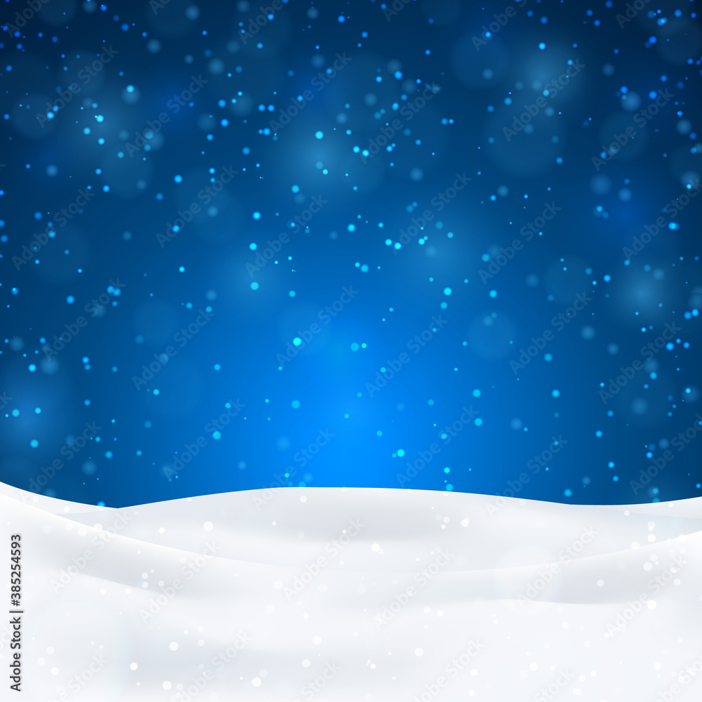 Night background with lights and snow, dark blue sky. Vector illustration. Merry Christmas poster. Holiday design, decor. Vector illustration.