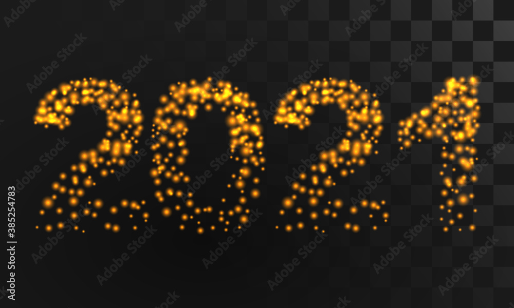 Illuminated numbers 2021 from gold lights on black transparent background. Merry Christmas poster. Holiday design, decor. Vector illustration. Illuminated numbers 2021 from gold lights on black transparent background. Merry Christmas poster. Holiday design, decor. Vector illustration.