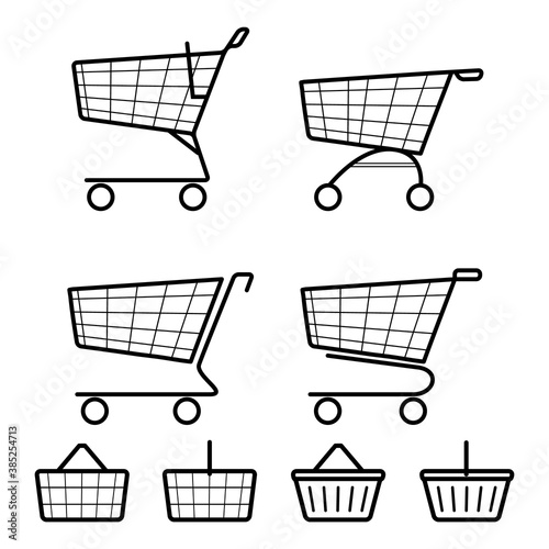 Simple flat black and white shopping cart and basket icons. Sale, retail concept. Vector illustration