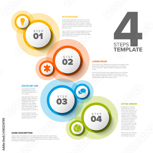 Four white circle steps process infographic