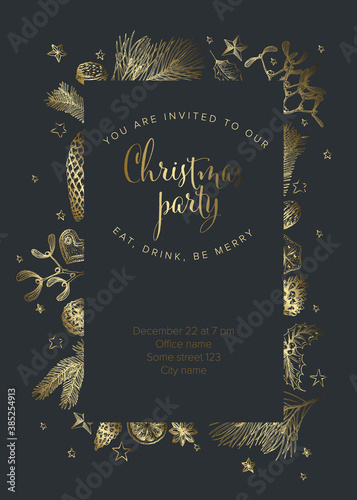 White Christmas party invitation template layout with handdrawn season decorations