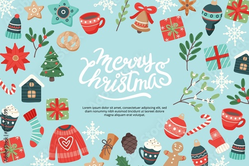 Christmas banner with lettering and cute seasonal elements, vector illustration in flat style