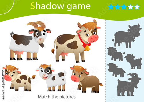 Shadow Game for kids. Match the right shadow. Color images of farm animals with cubs. Cow and calves, goat and kid. Worksheet vector design for children