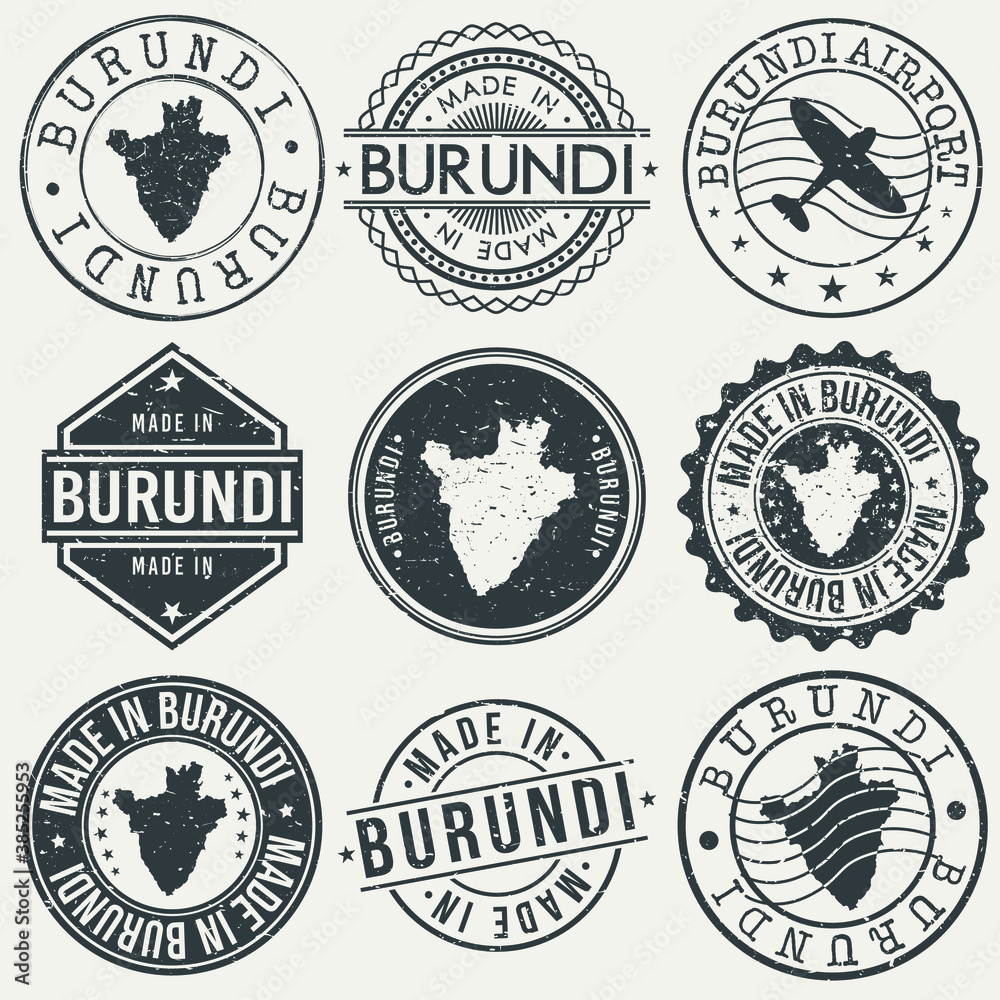 Burundi Set of Stamps. Travel Stamp. Made In Product. Design Seals Old Style Insignia.