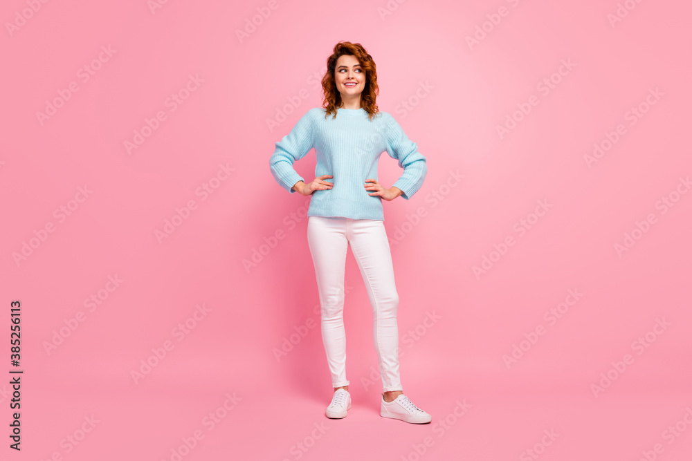 Full length body size view of her she nice-looking attractive lovely pretty lovable cute cheerful cheery wavy-haired girl posing looking aside isolated over pink pastel color background Full length body size view of her she nice-looking attractive lovely pretty lovable cute cheerful cheery wavy-haired girl posing looking aside isolated over pink pastel color background