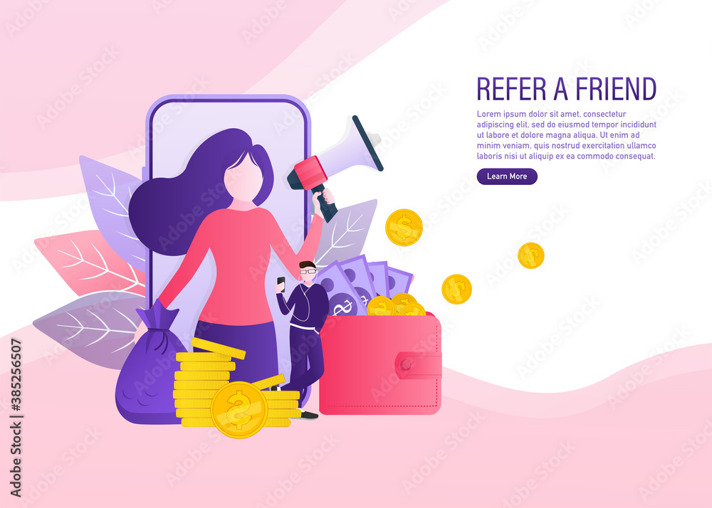 Refer a friend concept design, people share info about referral and earn money. Suitable for web landing page, mobile app, banner template. Vector Illustration. Refer a friend concept design, people share info about referral and earn money. Suitable for web landing page, mobile app, banner template. Vector Illustration.