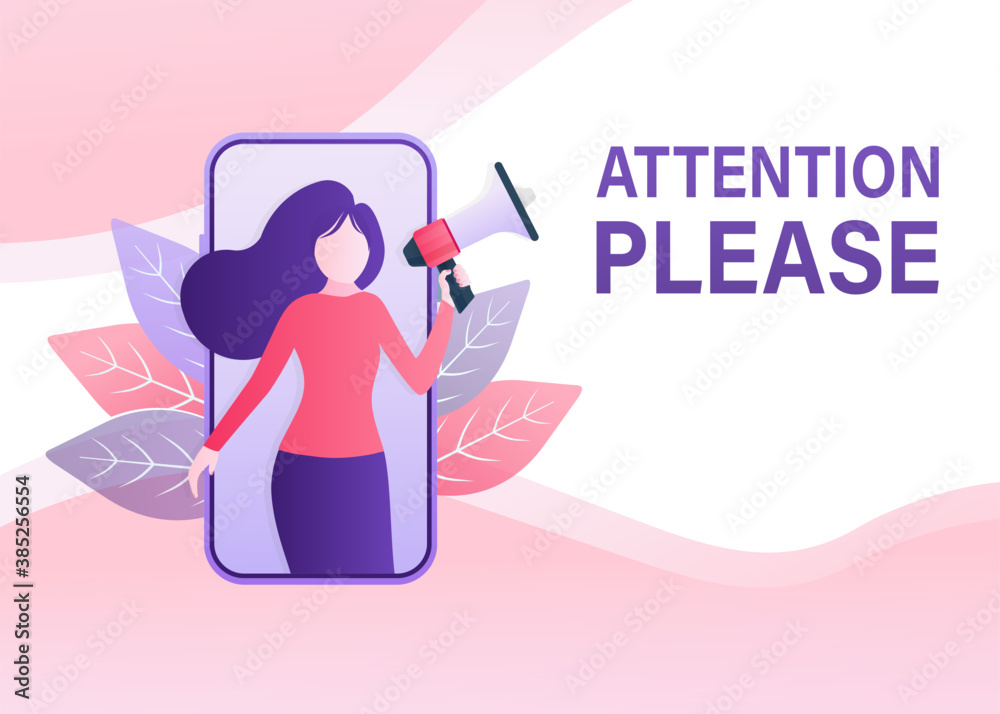 Flat illustration with attention people for concept design. Woman shout at the megaphone. Pay attention concept. Flat illustration. Vector illustration. Flat illustration with attention people for concept design. Woman shout at the megaphone. Pay attention concept. Flat illustration. Vector illustration.