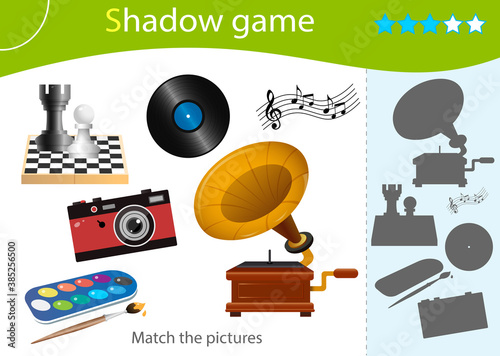 Shadow Game for kids. Match the right shadow. Color image of paints, chess, gramophone, photo camera. Hobbies. Worksheet vector design for children