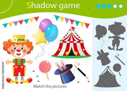 Shadow Game for kids. Match the right shadow. Color image of circus, clown, balloons, lollipop, hat with magic wand. Worksheet vector design for children