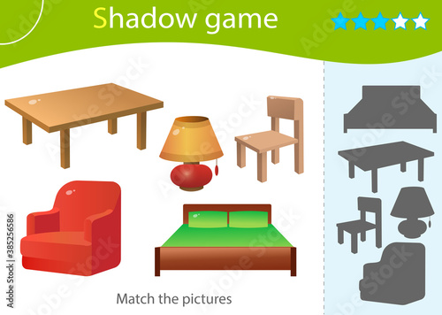 Shadow Game for kids. Match the right shadow. Color images of cartoon furniture. Table, chair, bed, lamp, chair. Worksheet vector design for children