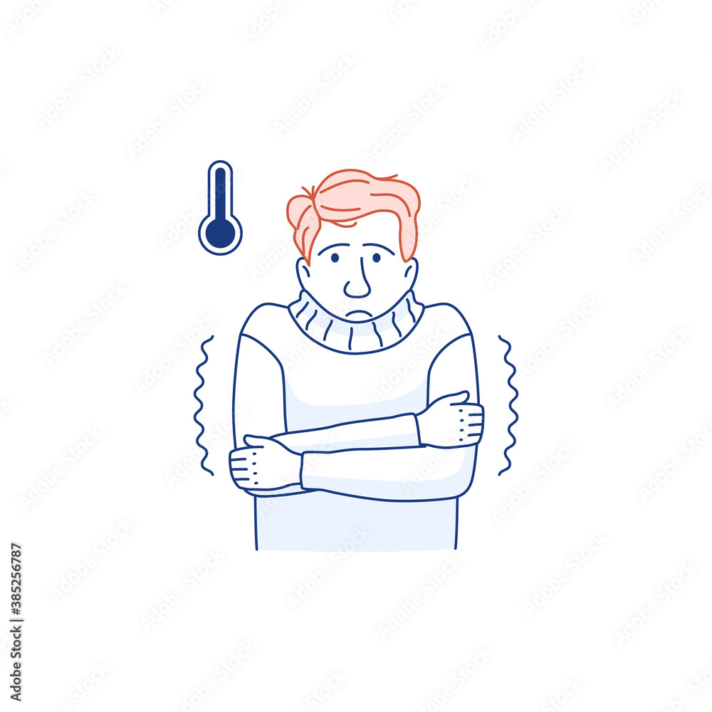 Sick person portrait isolated thin line icon. Man in fever, high temperature, thermometer sign. Flu virus cold coronavirus symptom. Character in sweat. Outline medical infographic vector illustration.