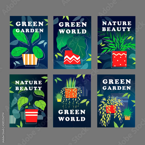 Green world flyer design set. Houseplants, home plants in pots vector illustration with text samples. Template for greenhouse posters or flower shop banners