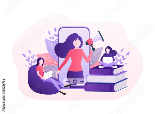 Live webcast in flat style with people. Listen to podcast. Flat illustration. Vector illustration.