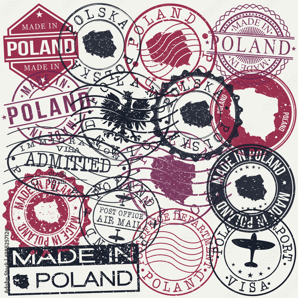 Poland Set of Stamps. Travel Passport Stamp. Made In Product. Design Seals Old Style Insignia. Icon Clip Art Vector.